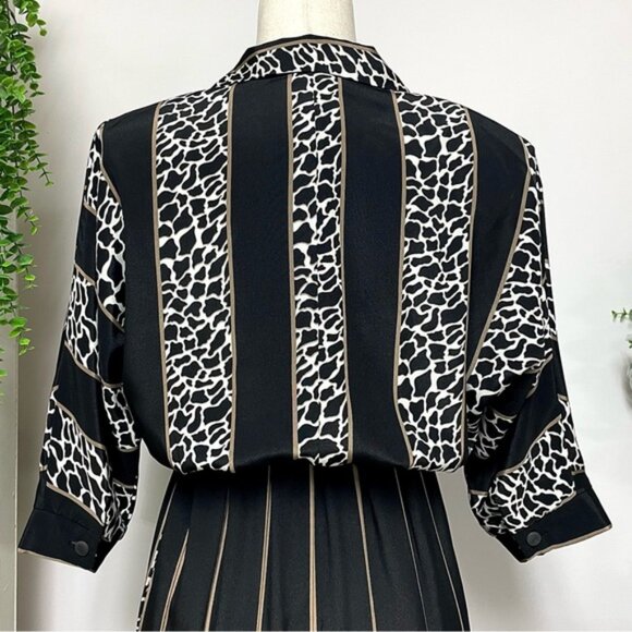 Vintage 80s Belted Midi Dress Size S Black Striped Animal Print Peekaboo Pleat - Picture 7 of 9